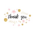 Vector phrase Thank you decorated gold polka dot and pink star for girl baby shower card template