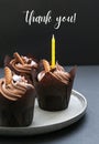 Thank you text greeting card. Chocolate cupcake with candle. Holiday