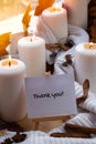 THANK YOU text greeting card concept Celebrating thanksgiving autumn holidays at cozy home on the windowsill Hygge Royalty Free Stock Photo