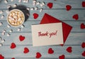 THANK YOU text on valentine card inscription positive quote phrase Greeting card with red envelope with white cup of Royalty Free Stock Photo