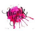 Thank you text on watercolor red blot. Hand drawn Calligraphy lettering Vector illustration EPS10