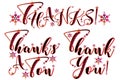 Thanks sticker. Thank you label. Thanks a ton. Set of 3. Gratitude words. Wordart lettering. Floral vector design. Colorful hearts