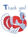 Thank you thanksgiving day card with simple stylized red and blue alife turkey bird.