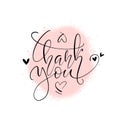 Thank you thin elegant inscription with tiny hearts on pink spray paint background. Vector hand writing lettering