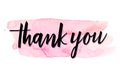 Thank you vector handwritten calligraphy over pink watercolor brush strokes background