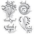 Thank you! Vector illustration with lilies of the valley and handmade calligraphy on white background. Four monochrome variations