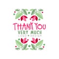 Thank You Very Much logo design, holiday card, banner, invitation with lettering, label with floral elements vector Royalty Free Stock Photo