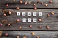 Thank you words is made of bright wood cubes on a dark wooden background Royalty Free Stock Photo