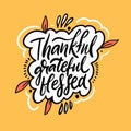 Thankful, grateful and blessed. Hand drawn calligraphy. Orange color background.