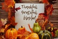 Thankful, grateful, blessed text message with autumn maple leaves and pumpkins on wooden background Royalty Free Stock Photo
