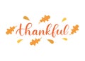 Thankful handwritten calligraphic text for thanksgiving celebration. Autumn leaves. Harvest illustration