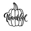 Thankful handwritten lettering wits hand drawing pumpkin sketch. Vector calligraphy Silhouette. Wall Art Print for Thanksgiving