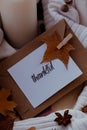 THANKFUL text greeting card concept Celebrating thanksgiving autumn holidays at cozy home on the windowsill Hygge Royalty Free Stock Photo