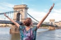 Thankful woman arms raised at Budapest, Hungary Royalty Free Stock Photo