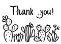 Thanks card with cute Cactus succulent and text. Hand draw black graphic background illustration