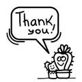 Thanks card with cute Cactus succulent and text. Hand draw black graphic illustration