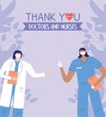 Thanks, doctors, nurses, physician and nurse with masks and clipboard medical