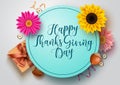 Thanks giving greeting in blue circle frame vector background template. Happy thanks giving day typography text. Royalty Free Stock Photo