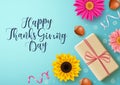 Thanks giving greeting vector background. Happy thanks giving day typography with gift, flowers and cobnut elements. Royalty Free Stock Photo