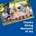 Thanks giving moments of joy text on blue with caucasian family and pet dog in garden Royalty Free Stock Photo