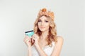 Thanks got I have my credit card, I will go to shopping. Closeup happy woman showing plastic bank card looking at you camera,crown Royalty Free Stock Photo