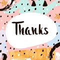 Thanks. Handwritten unique lettering. Creative invitation card with hand drawn shapes textures. Trendy art card.