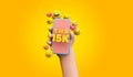 Thanks 15k social media supporters. cartoon hand and smartphone. 3D Render.