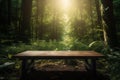 Thanks to wooden table set on green forest background, your product will be star of show in every presentation. Generative AI Royalty Free Stock Photo