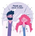 Thanks you doctors, male and female physicians with stethoscope and uniform