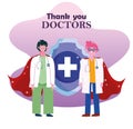 Thanks you doctors, male physicians with stethoscope and superhero cape characters