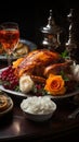 Thanksgiven dinner table with roasted Turkey and vegetables, Side view, AI Generative Royalty Free Stock Photo