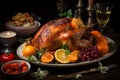 Thanksgiven dinner table with roasted Turkey and vegetables, Side view, AI Generative Royalty Free Stock Photo