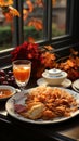 Thanksgiven dinner table with roasted Turkey and vegetables, Side view, AI Generative Royalty Free Stock Photo