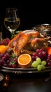 Thanksgiven dinner table with roasted Turkey and vegetables, Side view, AI Generative Royalty Free Stock Photo