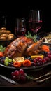 Thanksgiven dinner table with roasted Turkey and vegetables, Side view, AI Generative Royalty Free Stock Photo