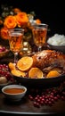 Thanksgiven dinner table with roasted Turkey and vegetables, Side view, AI Generative Royalty Free Stock Photo