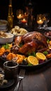 Thanksgiven dinner table with roasted Turkey and vegetables, Side view, AI Generative Royalty Free Stock Photo