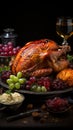 Thanksgiven dinner table with roasted Turkey and vegetables, Side view, AI Generative Royalty Free Stock Photo