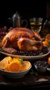 Thanksgiven dinner table with roasted Turkey and vegetables, Side view, AI Generative Royalty Free Stock Photo