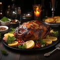 Thanksgiven dinner table with roasted Turkey and vegetables, Side view, AI Generative Royalty Free Stock Photo