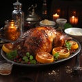 Thanksgiven dinner table with roasted Turkey and vegetables, Side view, AI Generative Royalty Free Stock Photo