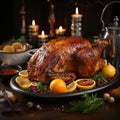 Thanksgiven dinner table with roasted Turkey and vegetables, Side view, AI Generative Royalty Free Stock Photo