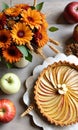 Thanksgiving Apple Tart, Pumpkin Cheesecake, And A Bouquet Of Dried Whea. Generative AI