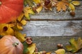 Thanksgiving autumn background on a dark wooden surface, pumpkins, withered leaves, acorns and chestnuts, selective