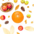 Thanksgiving autumn background made of fall dried leaves, pine cones, apples and pumpkin on white background. Flat lay, top view Royalty Free Stock Photo