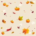 Thanksgiving autumn background with maple leaves with red berries and orange pumpkins Royalty Free Stock Photo