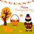 Thanksgiving autumn background with pilgrim, pumpkins, landscape and text Royalty Free Stock Photo