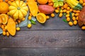 Thanksgiving Autumn Background, Variety of Orange Fruits and Vegetables on Dark Wooden Background with Free Space for Text Royalty Free Stock Photo