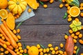 Thanksgiving Autumn Background, Variety of Orange Fruits and Vegetables on Dark Wooden Background with Free Space for Text