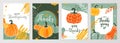 Thanksgiving autumn card vector background. Fall harvest patterns with pumpkins, leaves, graphic elements, text Royalty Free Stock Photo